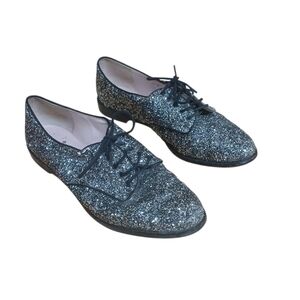 Kate Spade Glittery Silver And Black Lace Up Oxford Flats Size 8